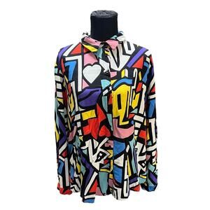 Big Dart Colorful Retro 80s Geometric Print Long Sleeve Button Down Size 22